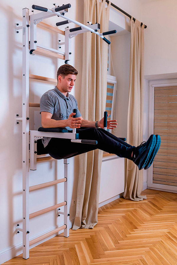 BenchK 732W Wall Bar with Convertible Pull-Up Bar and Dip Bar - White/Wood