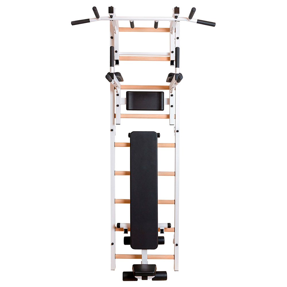 BenchK 733W Wall Bar with Convertible Pull-Up Bar, Dip Bar and Workout Bench - White/Wood