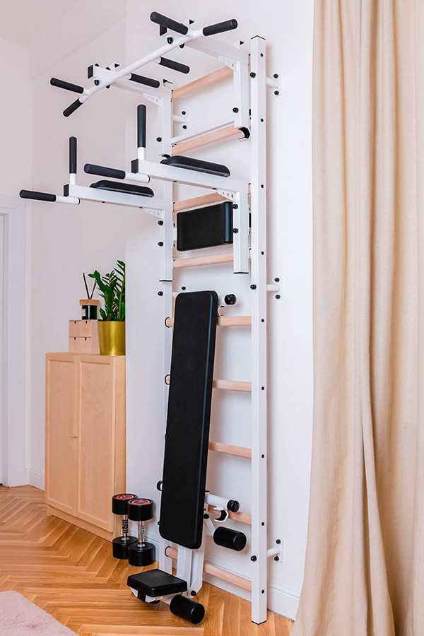 BenchK 733W Wall Bar with Convertible Pull-Up Bar, Dip Bar and Workout Bench - White/Wood
