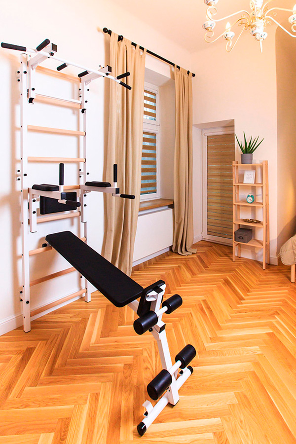 BenchK 733W Wall Bar with Convertible Pull-Up Bar, Dip Bar and Workout Bench - White/Wood