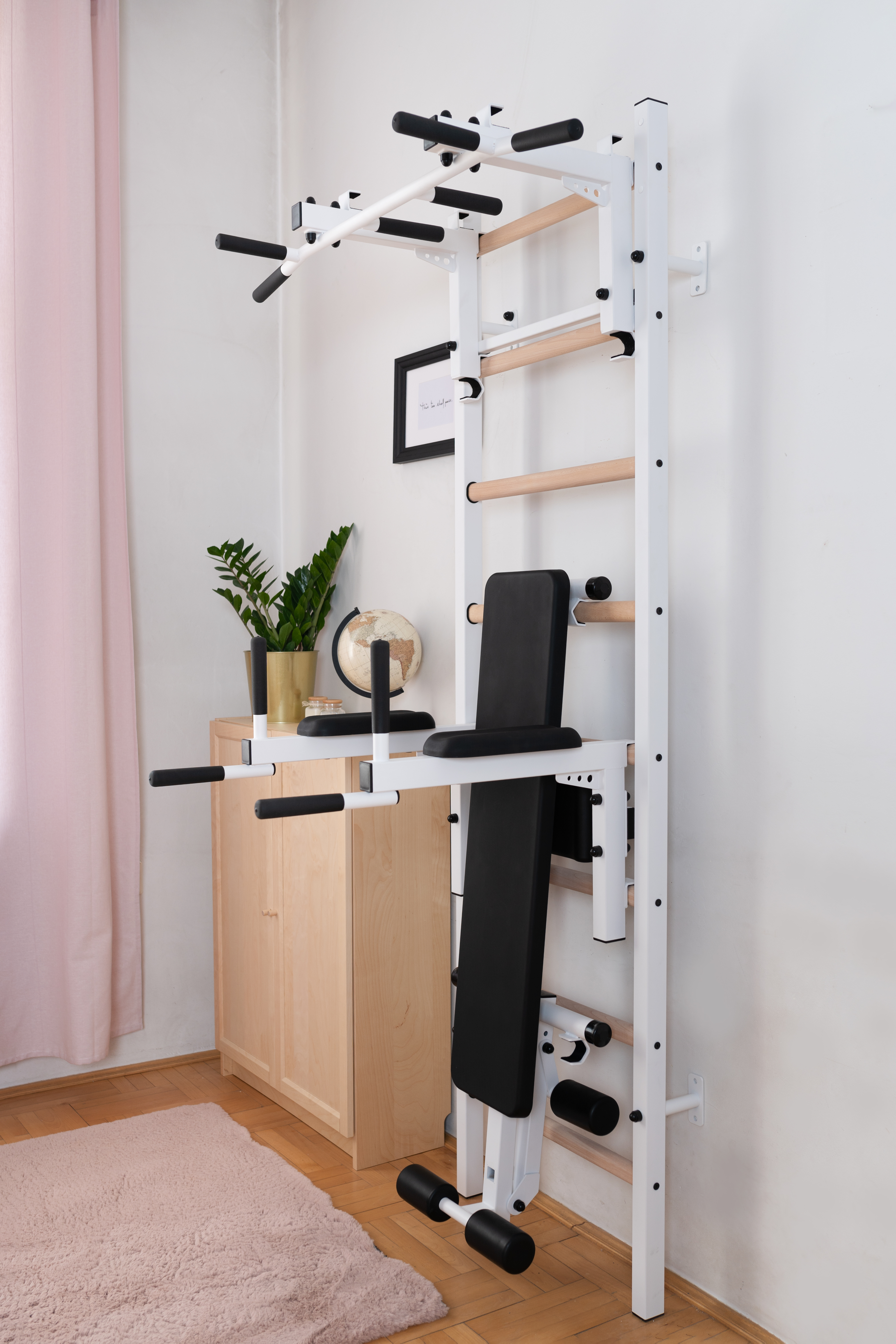 BenchK 233W Wall Bar with Convertible Pull-Up Bar, Dip Bar and Workout Bench - White/Wood