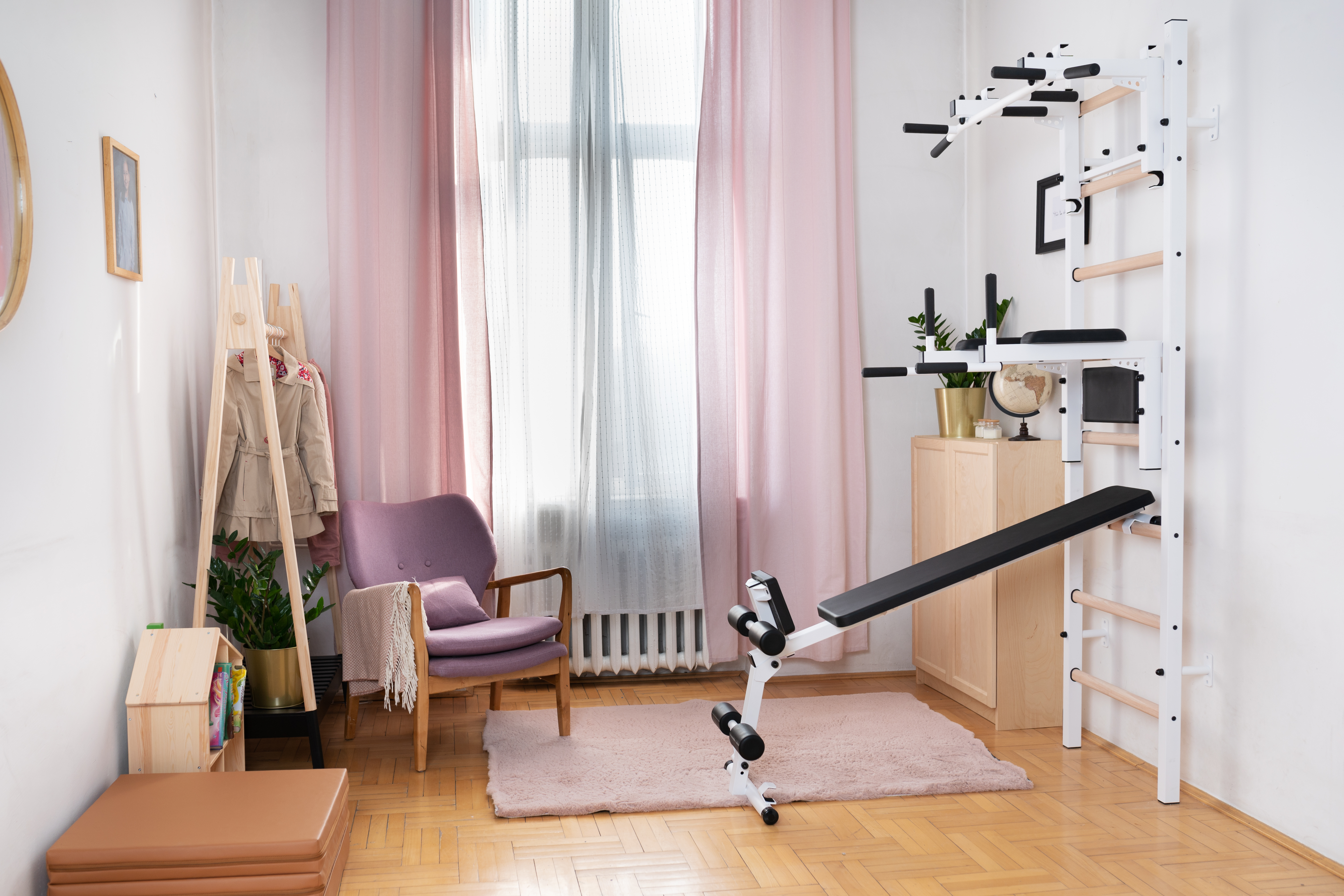 BenchK 233W Wall Bar with Convertible Pull-Up Bar, Dip Bar and Workout Bench - White/Wood