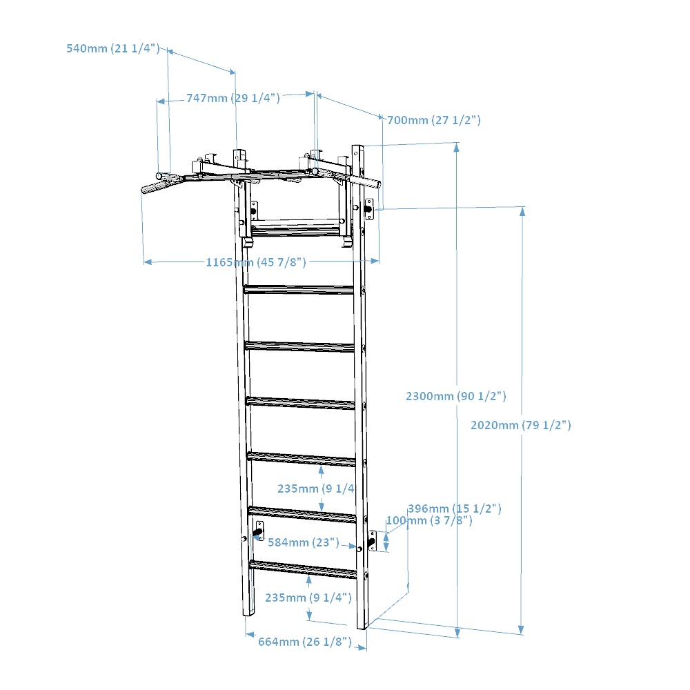 BenchK 231W Wall Bar with Convertible Pull-Up Bar - White/Wood