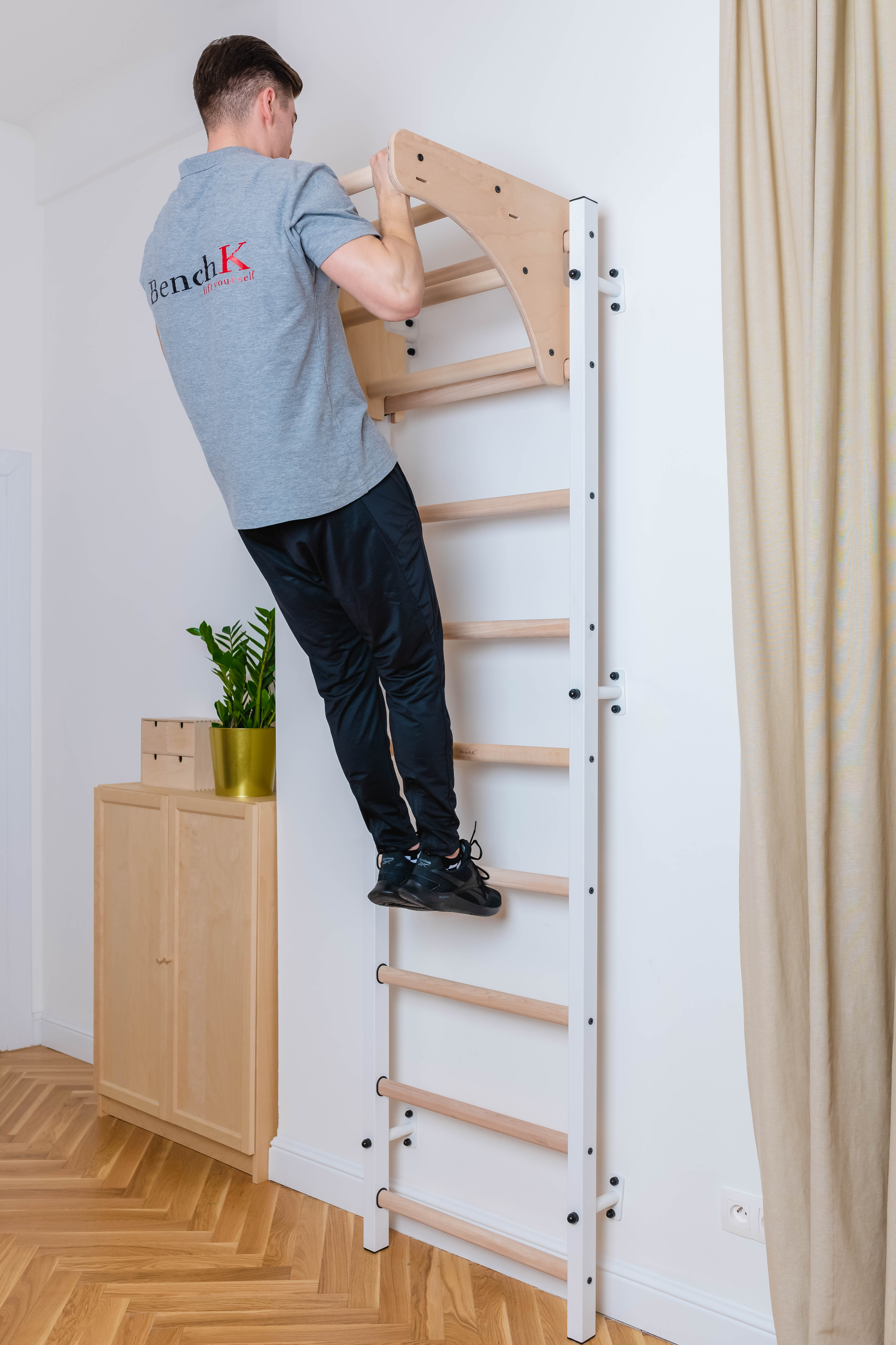 BenchK 711W Wall Bar with Pull-Up Bar - White/Wood