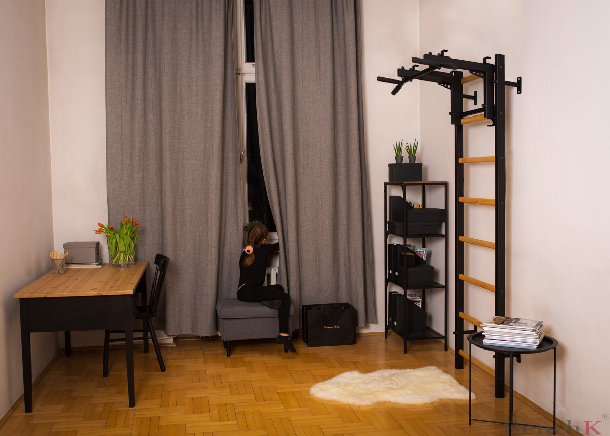 BenchK 231B Wall Bar with Convertible Pull-Up Bar - Black/Wood