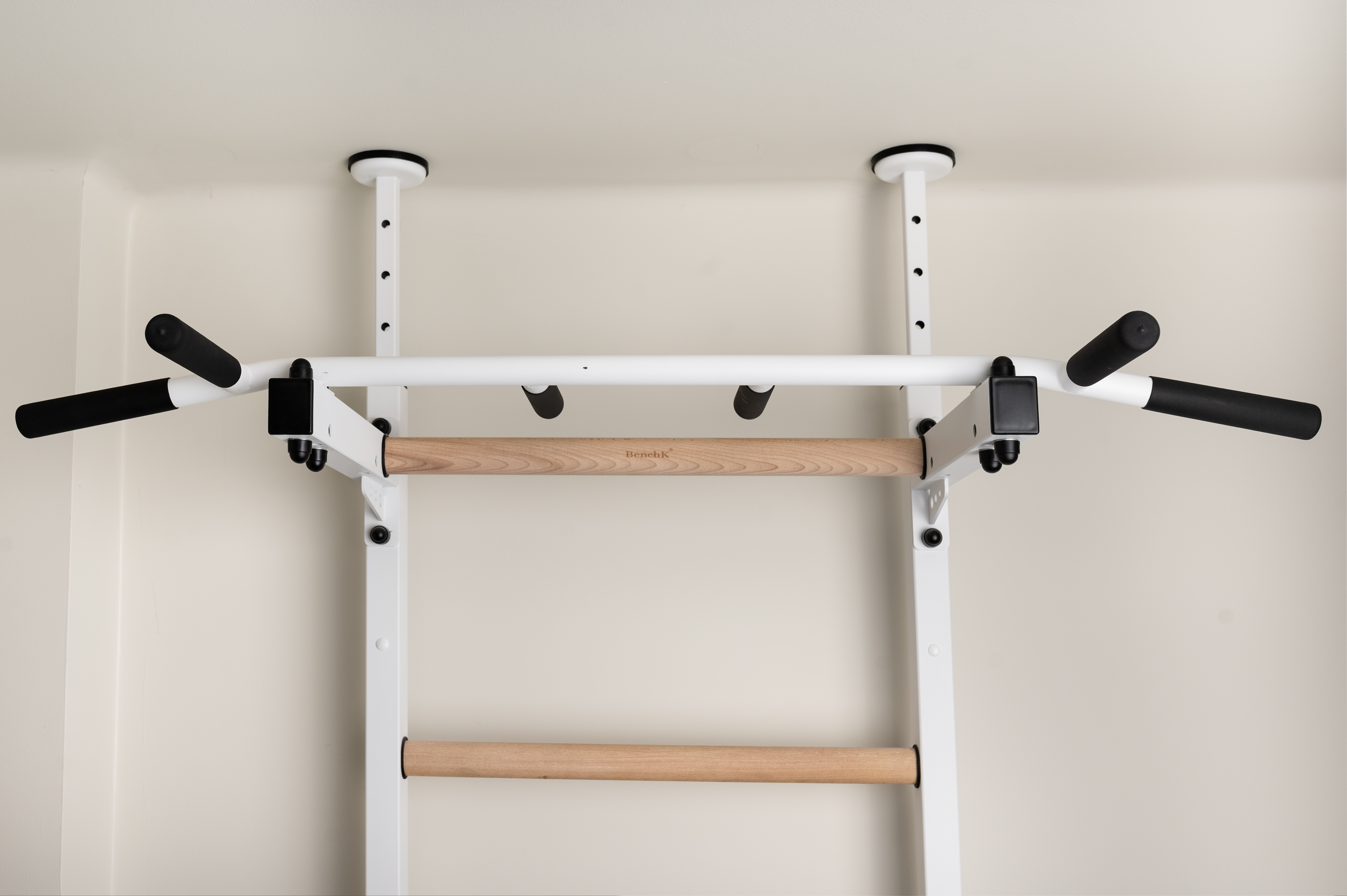 BenchK 522W Wall Bar with Pull-Up Bar and Dip Bar - White/Wood