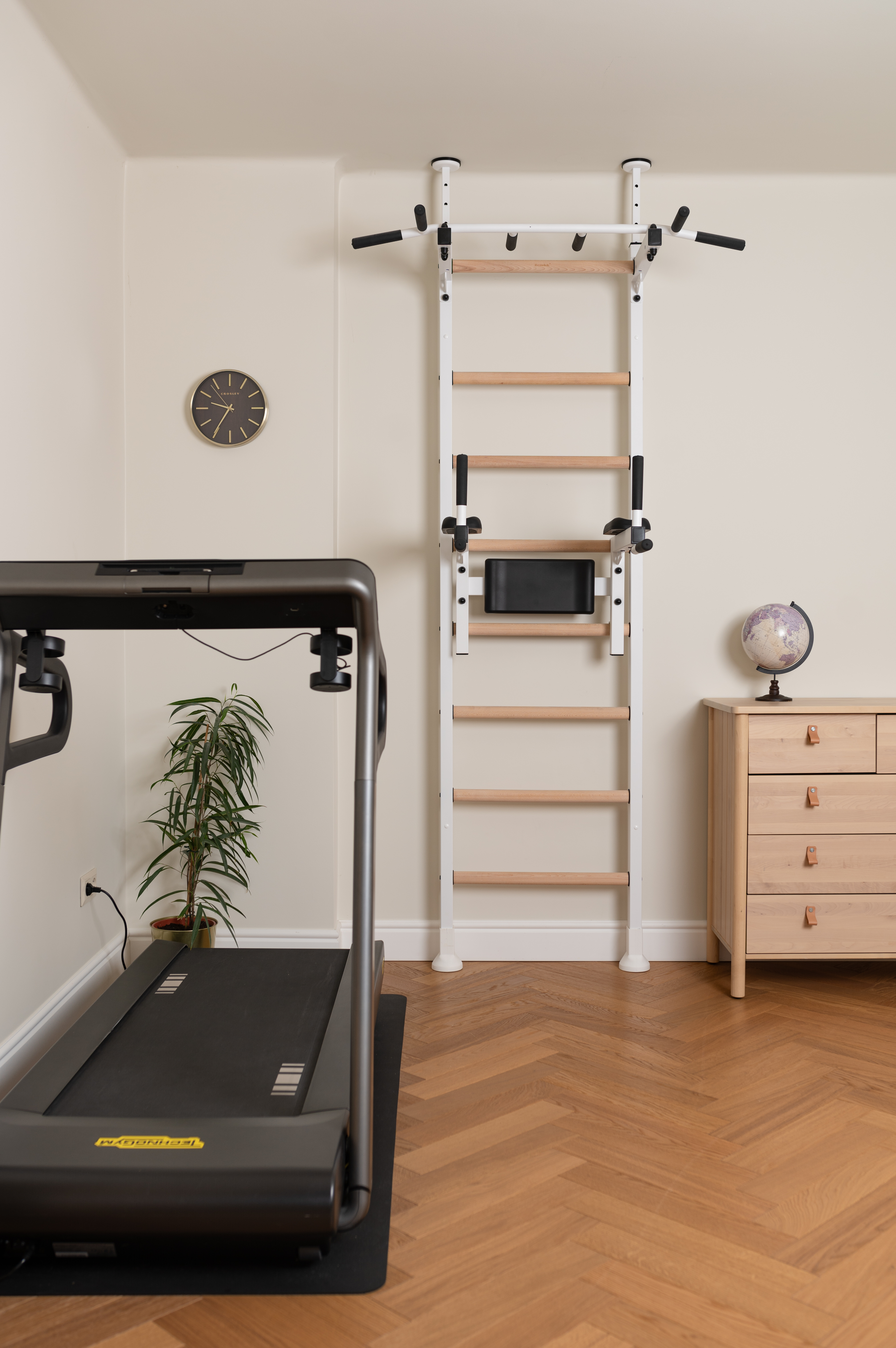 BenchK 522W Wall Bar with Pull-Up Bar and Dip Bar - White/Wood