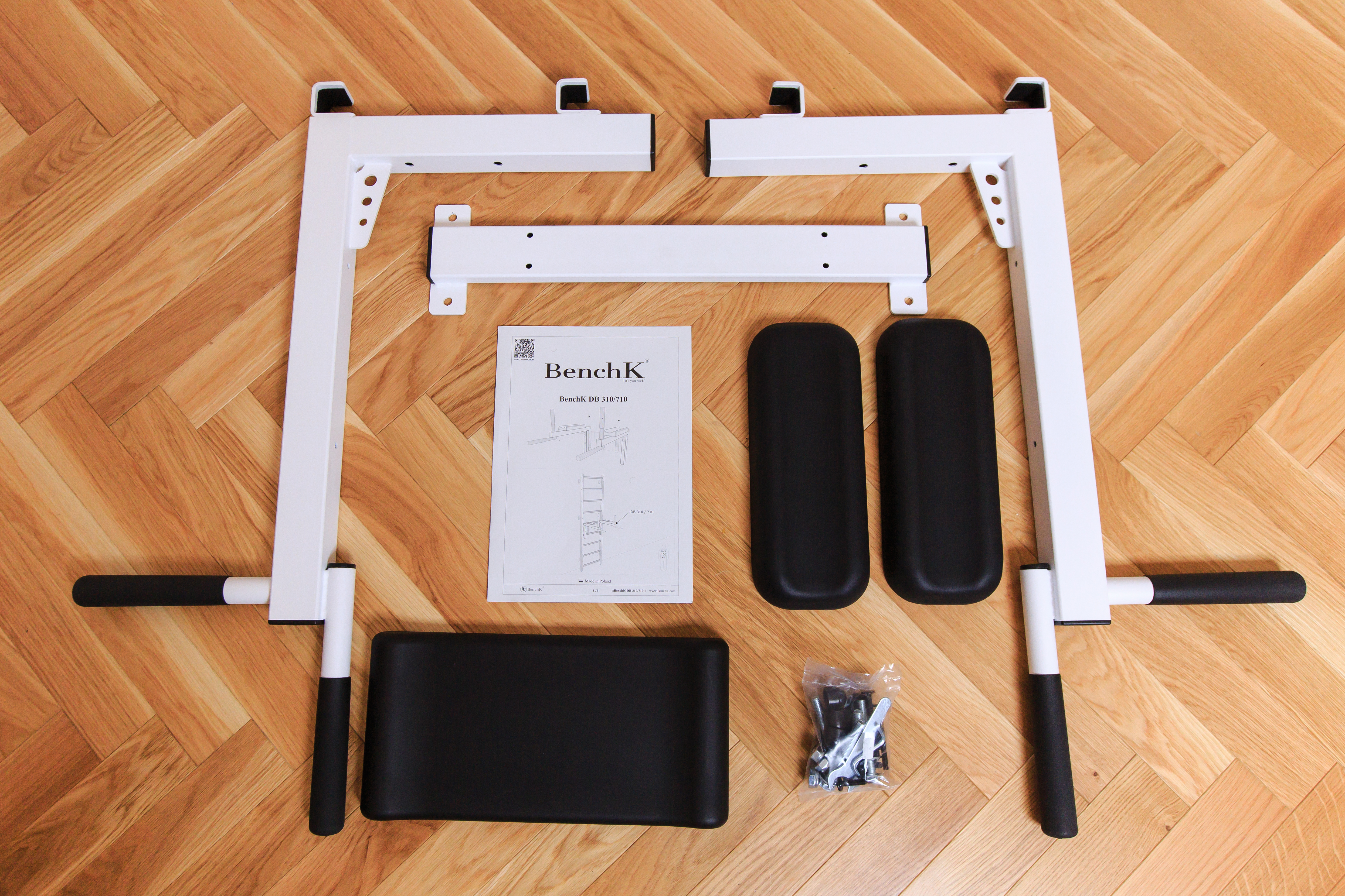 BenchK 222W Wall Bar with Fixed Pull-Up Bar and Dip Bar - White/Wood