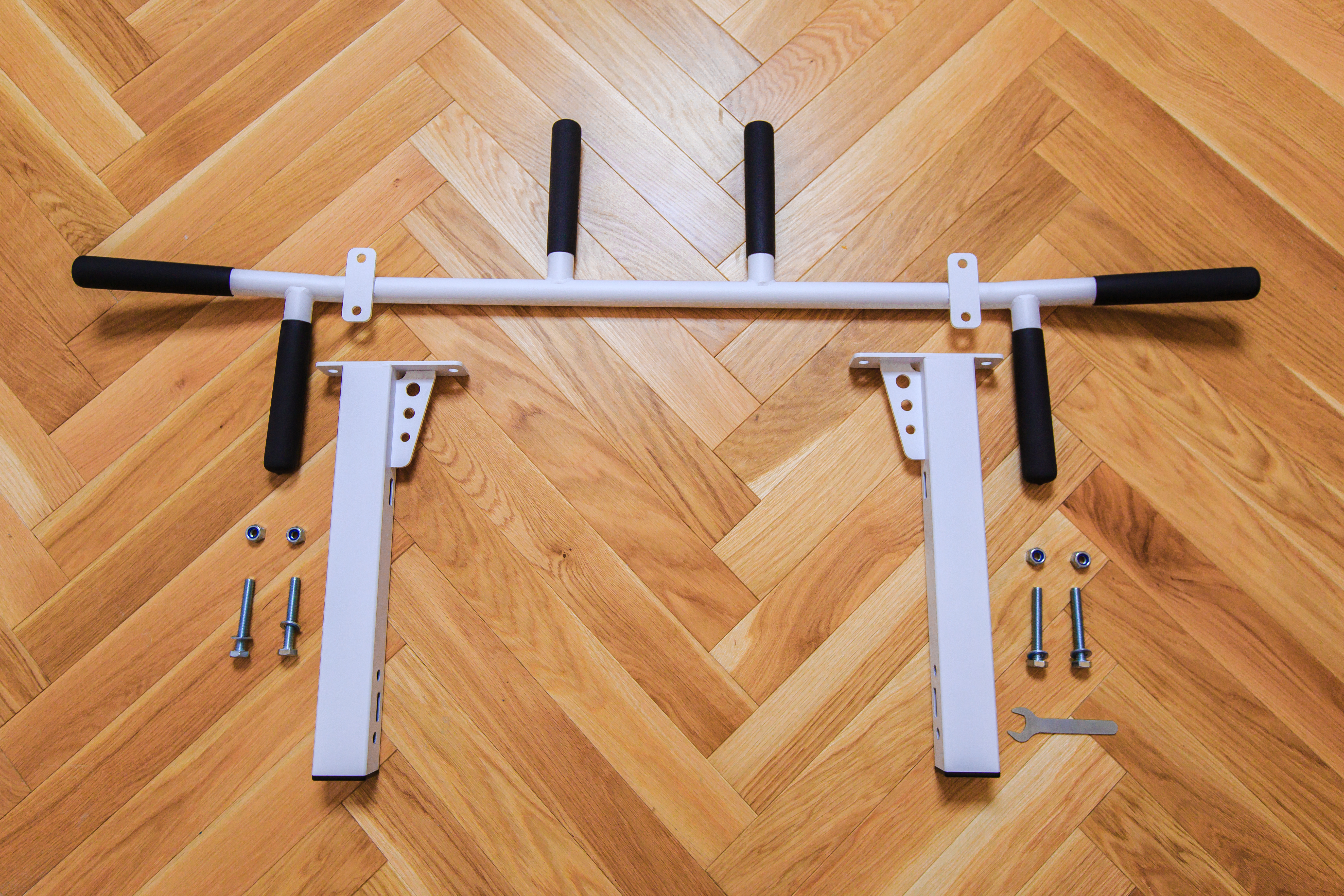 BenchK 222W Wall Bar with Fixed Pull-Up Bar and Dip Bar - White/Wood