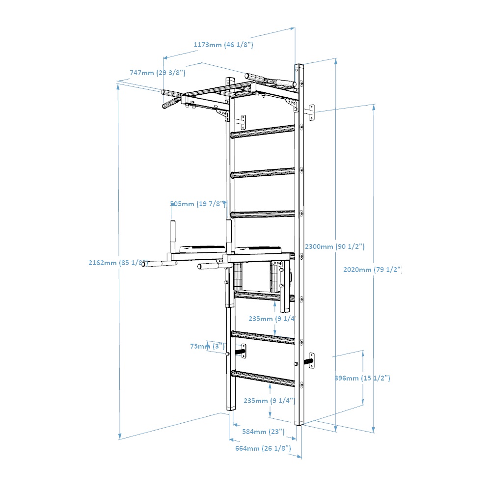 BenchK 222W Wall Bar with Fixed Pull-Up Bar and Dip Bar - White/Wood