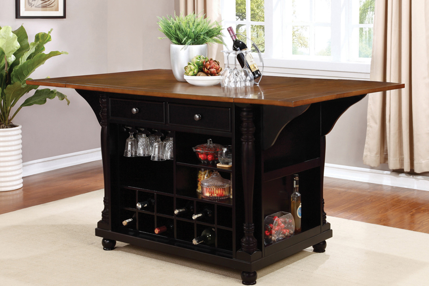 Coaster Slater 2-Drawer Kitchen Island with Drop Leaves - Brown/Black