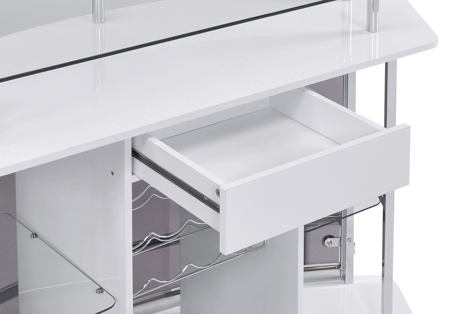 Coaster Crescent Shaped Glass Top Bar Unit with Drawer - White High Gloss