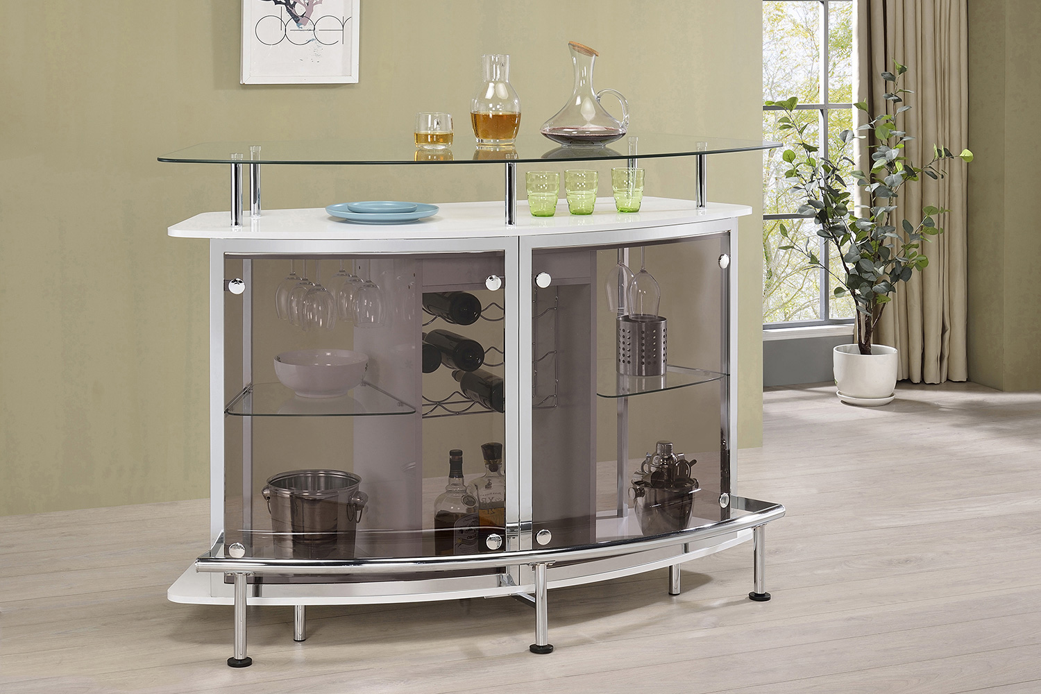 Coaster Crescent Shaped Glass Top Bar Unit with Drawer - White High Gloss