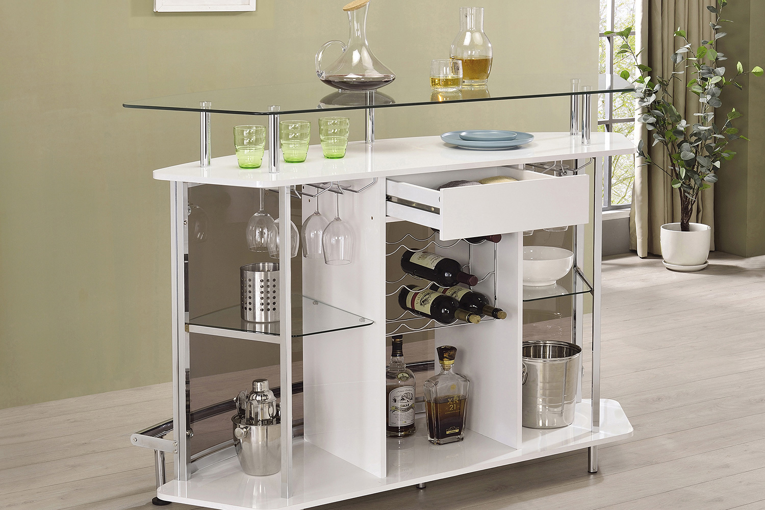 Coaster Crescent Shaped Glass Top Bar Unit with Drawer - White High Gloss