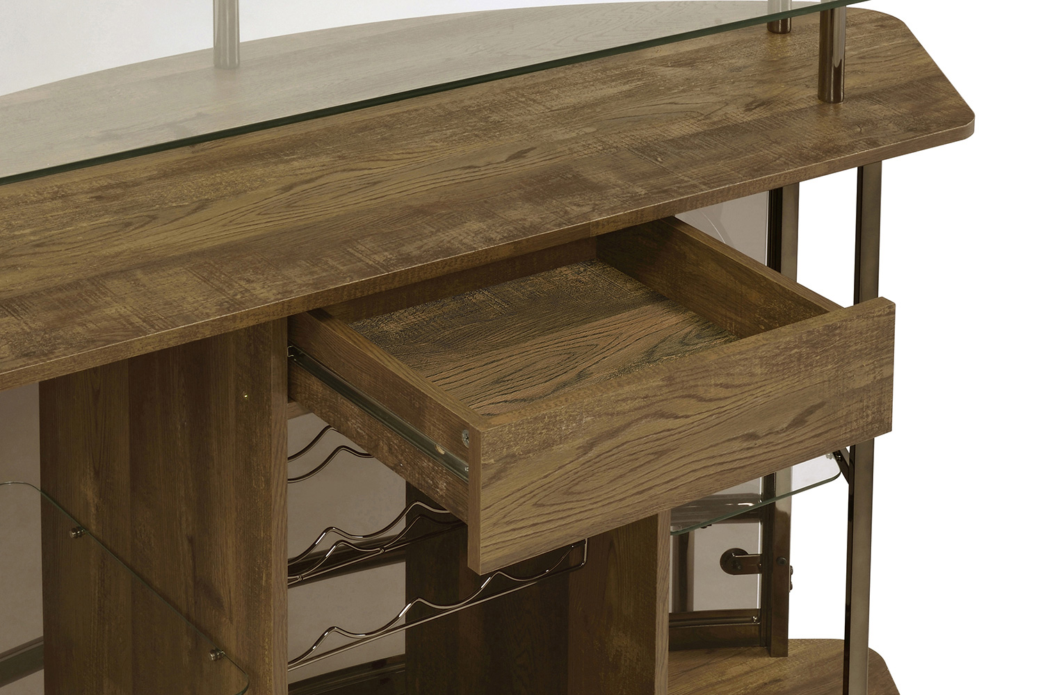 Coaster Crescent Shaped Glass Top Bar Unit with Drawer - Brown Oak
