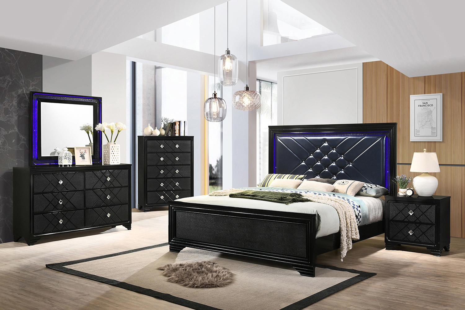 Coaster Penelope Queen Bed with Led Lighting - Black/Midnight Star
