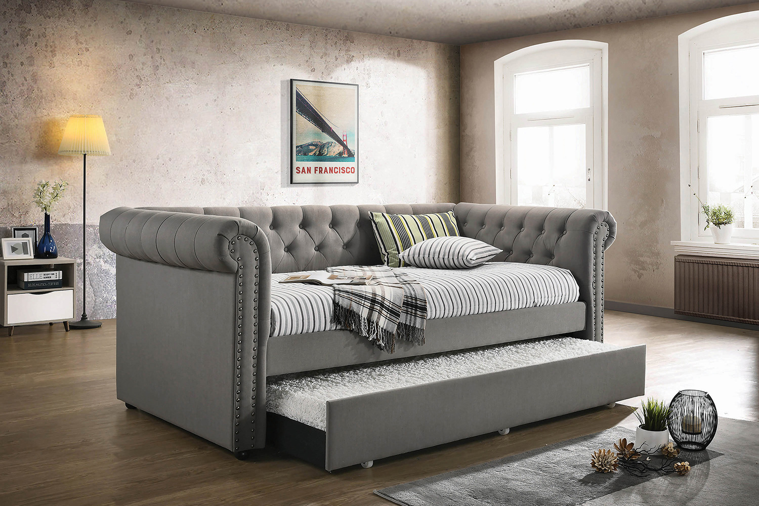Coaster - Kepner Tufted Upholstered Daybed With Trundle in Gray
