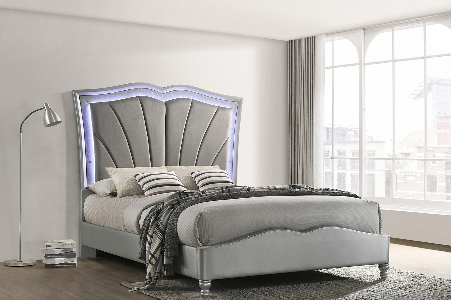 Coaster Bowfield Queen Upholstered Bed with Led Lighting - Gray