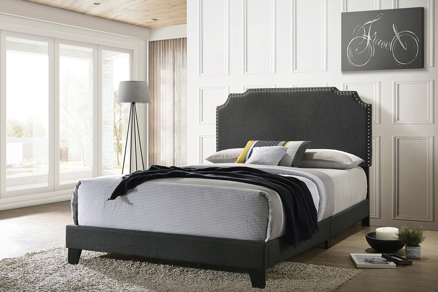 Coaster Tamarac Upholstered Nailhead Queen Bed - Gray