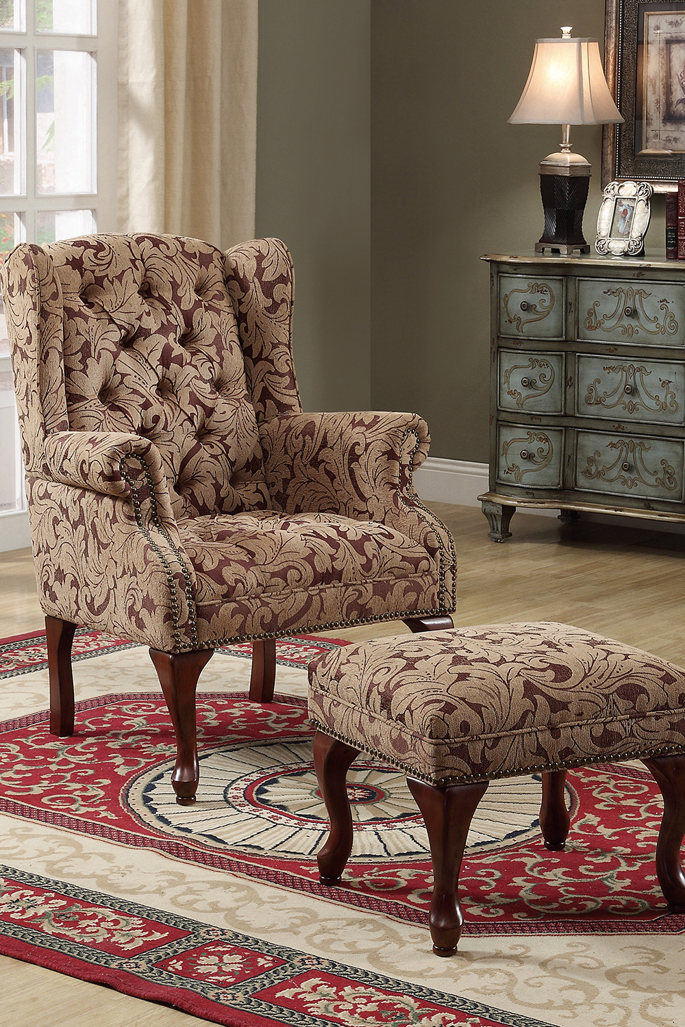 Coaster - Tufted Back Accent Chair And Ottoman in Light Brown/Burgundy