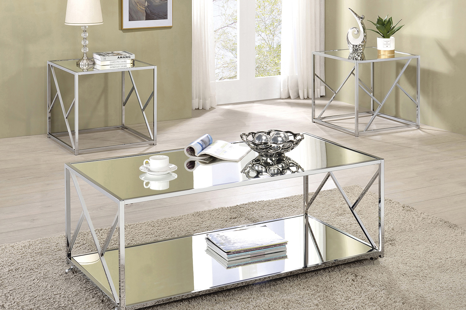 Coaster - 3-Piece Occasional Table Set in Clear Mirror/Chrome