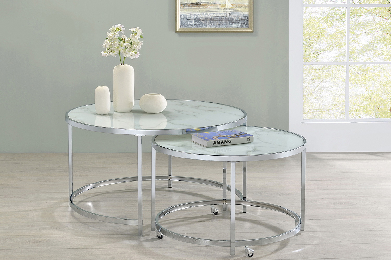Coaster - 2-Piece Round Nesting Table in White/Chrome