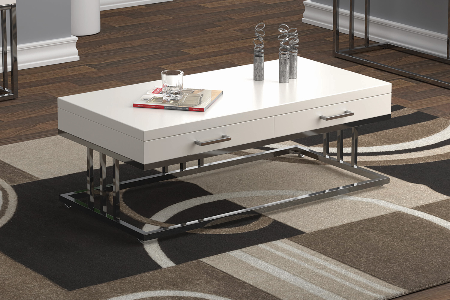 Coaster - 2-Drawer Rectangular Coffee Table in Glossy White/Chrome