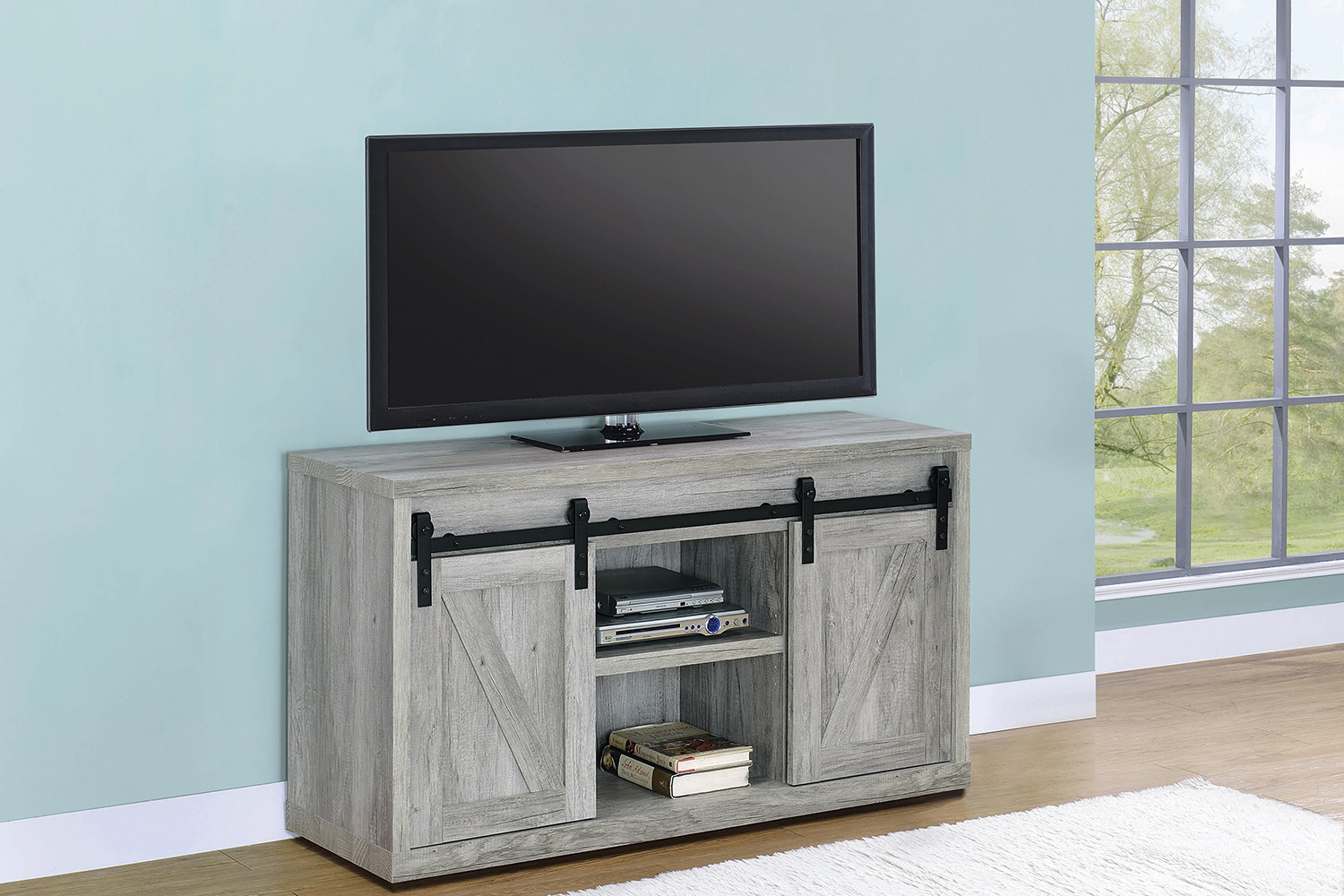 Coaster 48-Inch 3-Shelf Sliding Doors TV Console - Gray Driftwood
