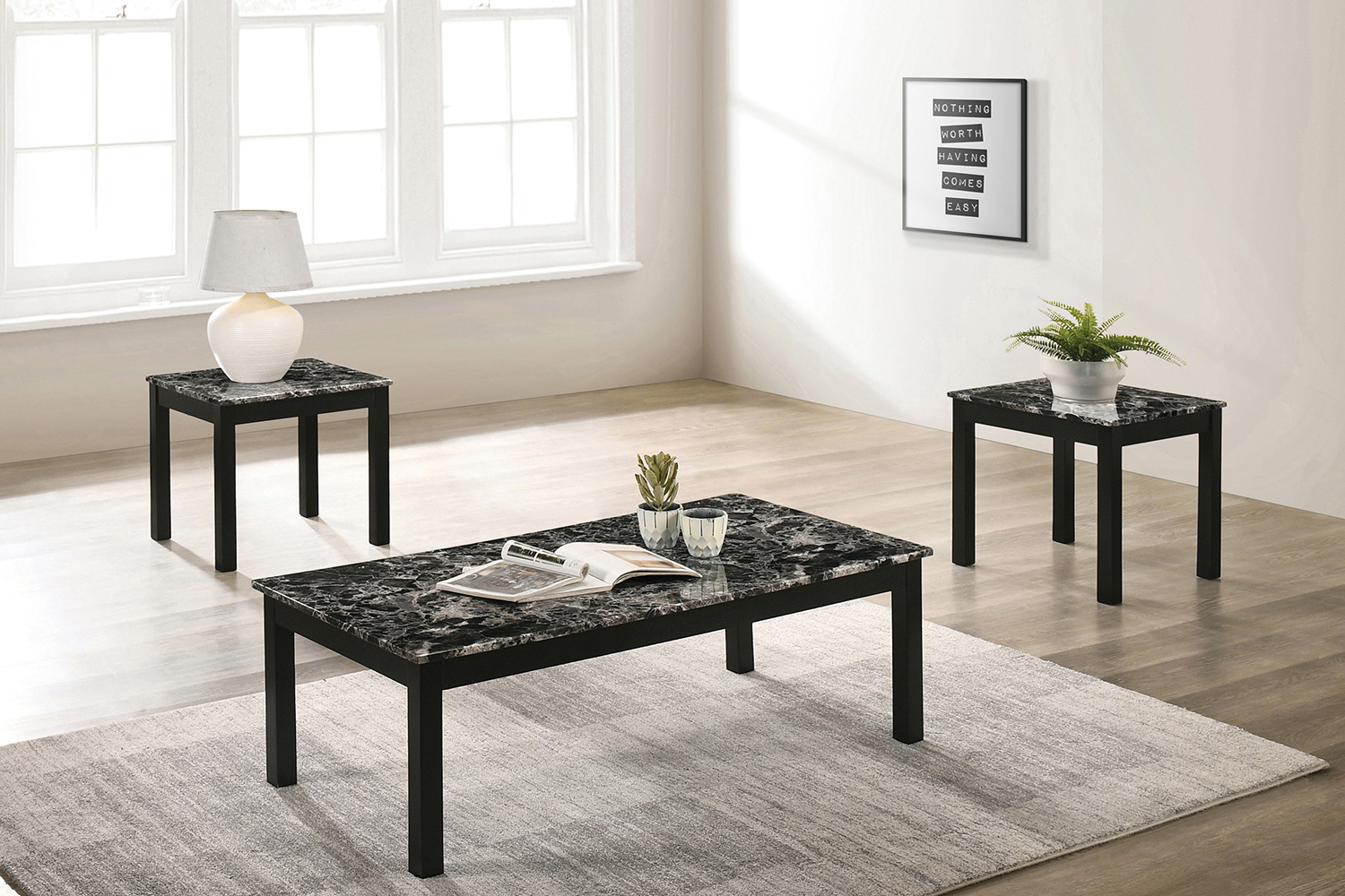 Coaster - Faux Marble Rectangle 3-Piece Occasional Table Set in Black