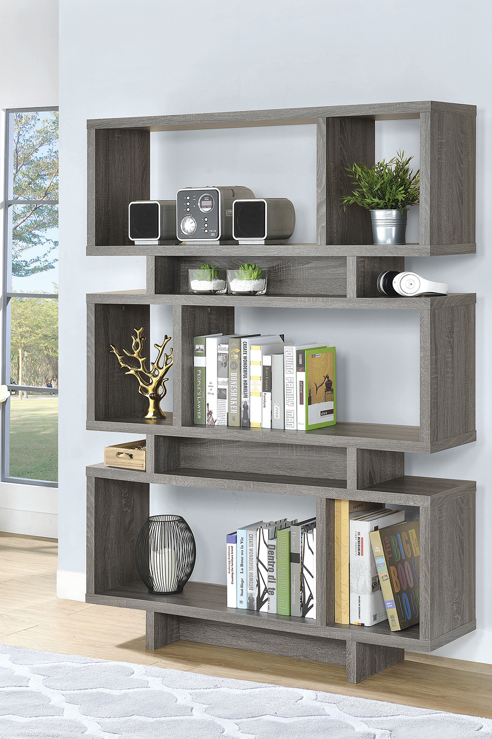 Coaster - Reid 3-Tier Geometric Bookcase in Weathered Gray