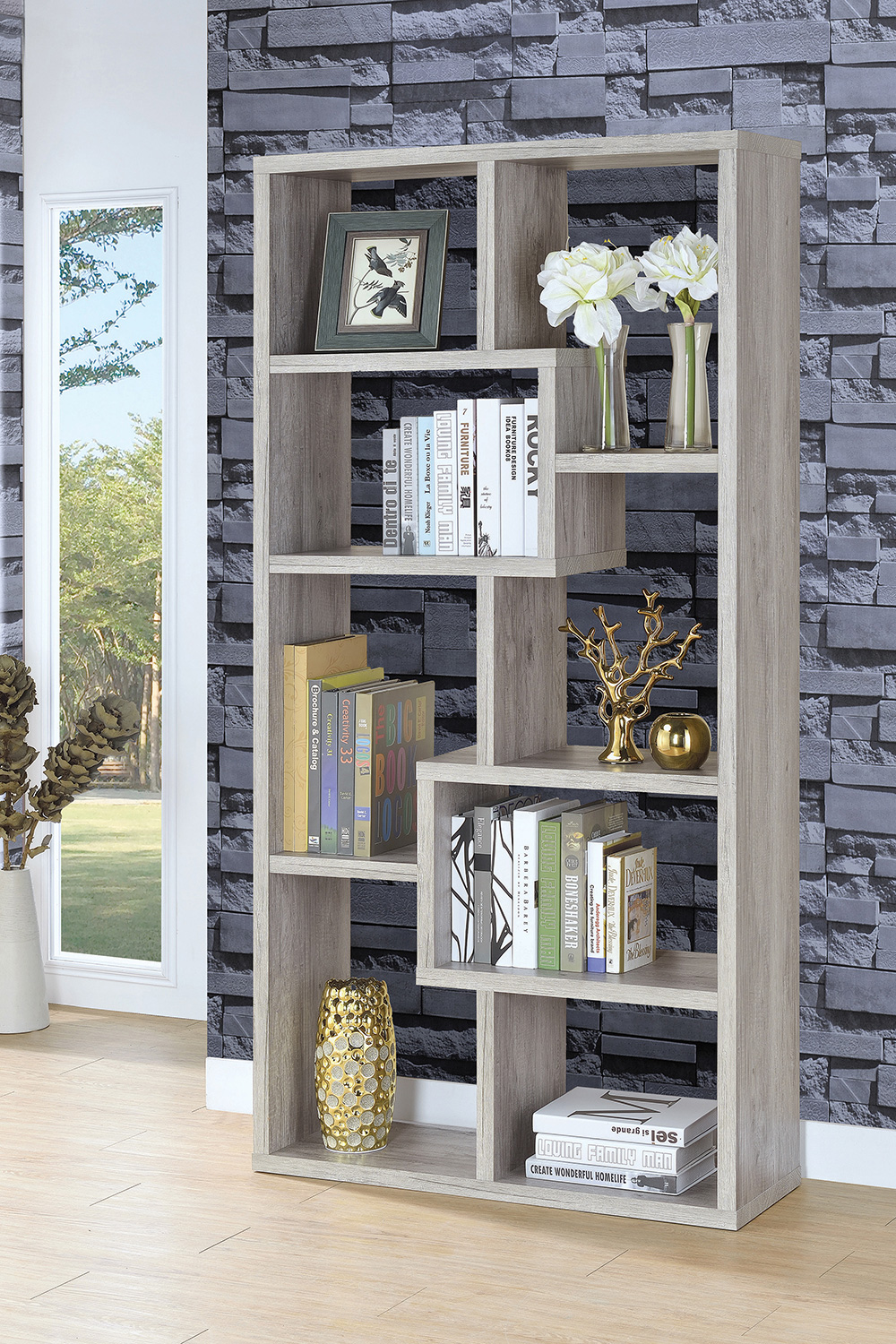 Coaster Theo 10-Shelf Bookcase - Gray Driftwood