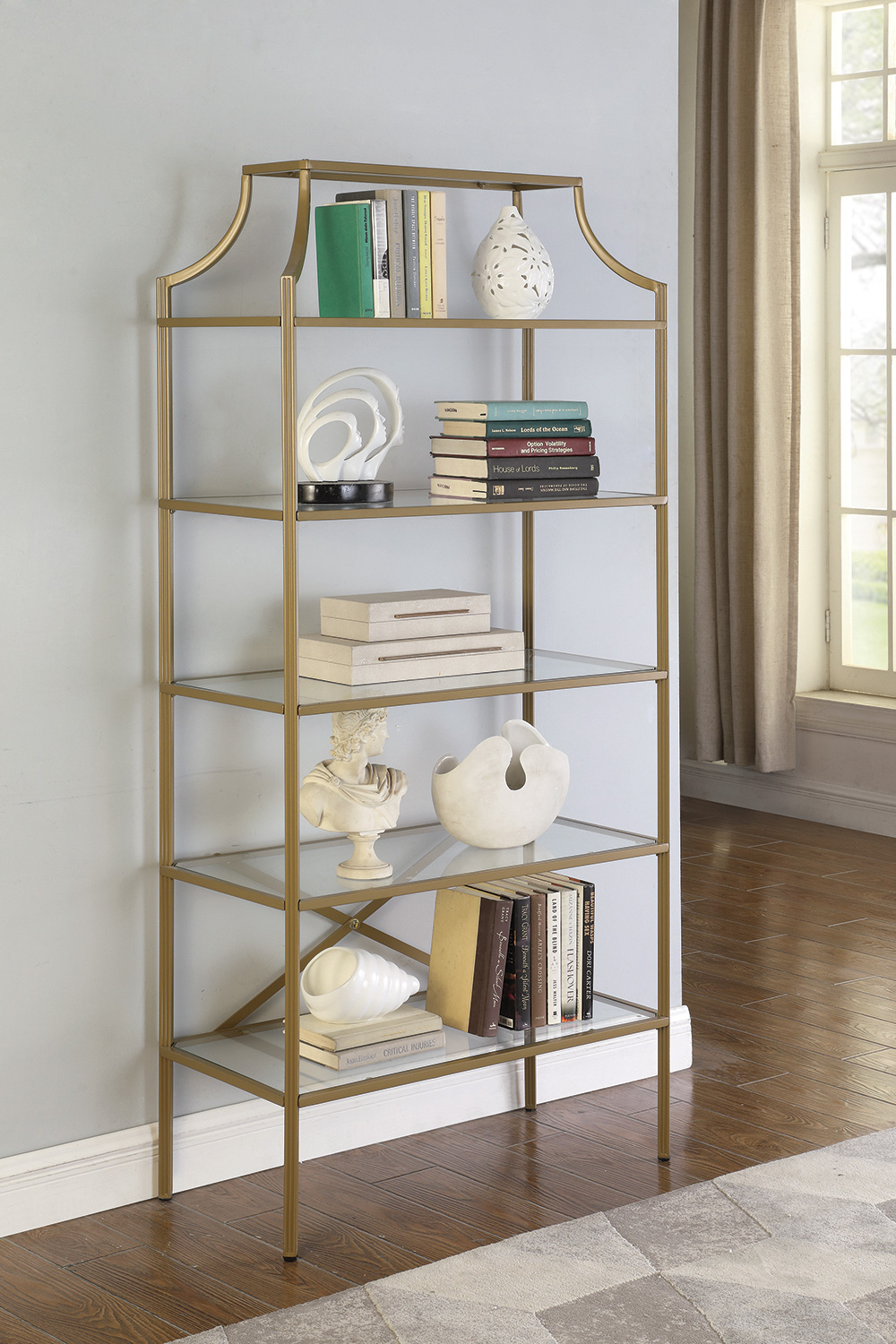 Coaster - 5-Tier Tempered Glass Shelves Bookcase in Matte Gold