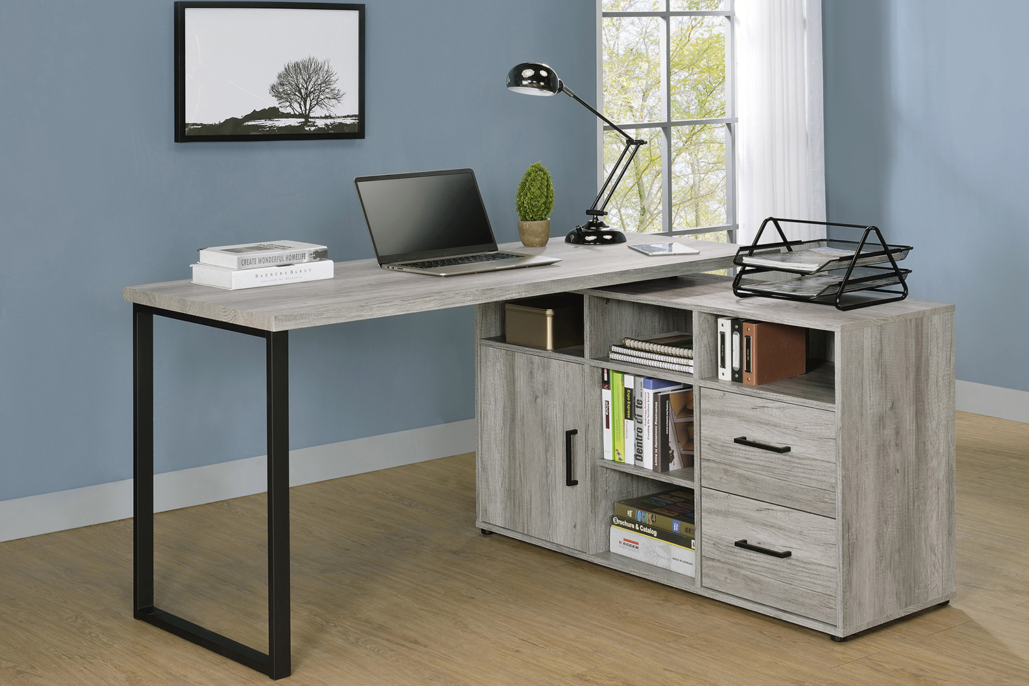 Coaster Hertford L-Shape Office Desk with Storage - Gray Driftwood