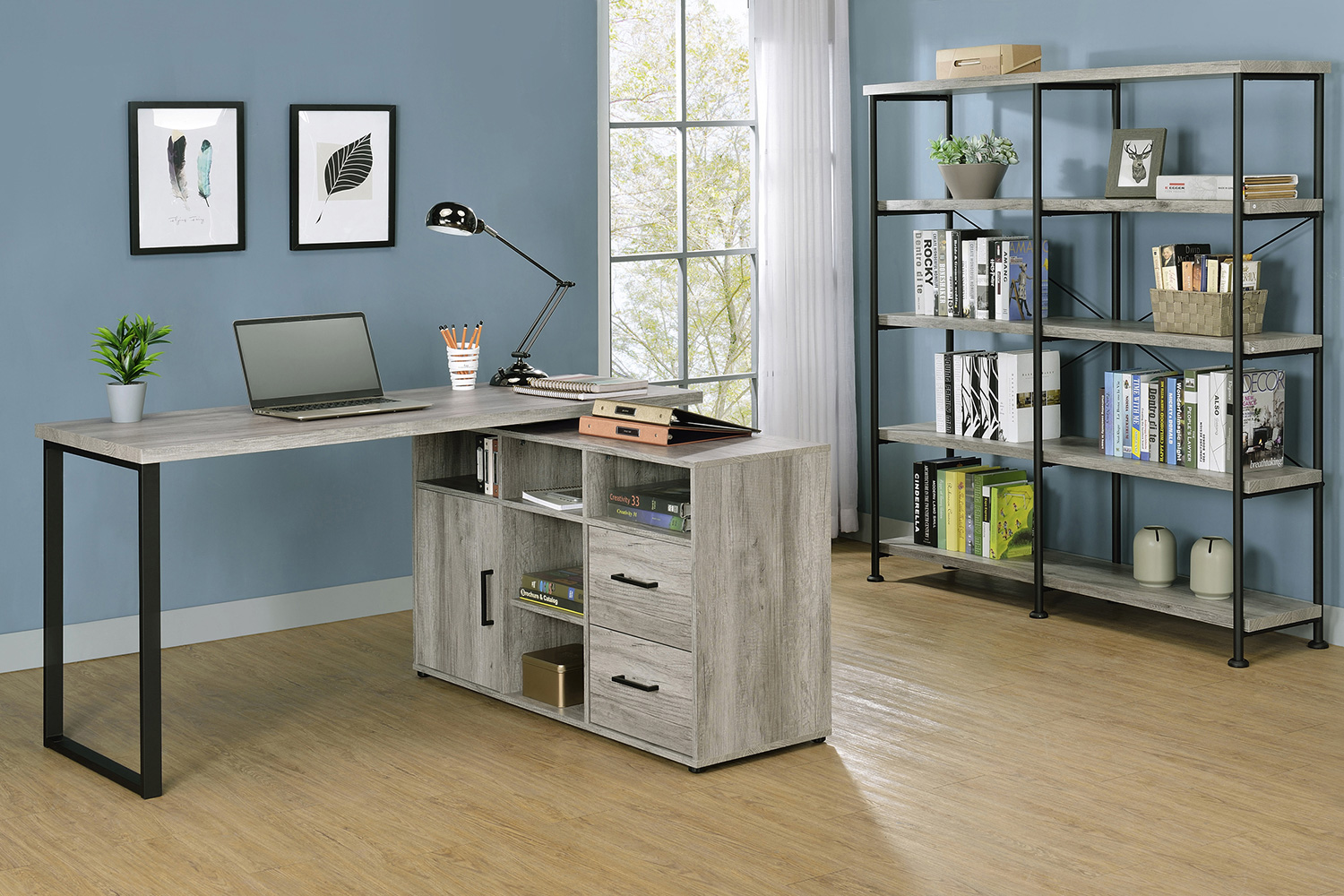 Coaster Hertford L-Shape Office Desk with Storage - Gray Driftwood