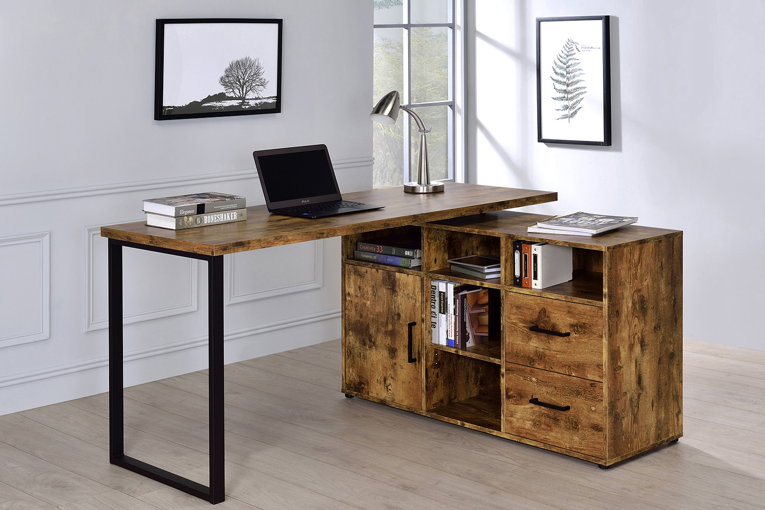 Coaster Hertford L-Shape Office Desk with Storage - Antique Nutmeg