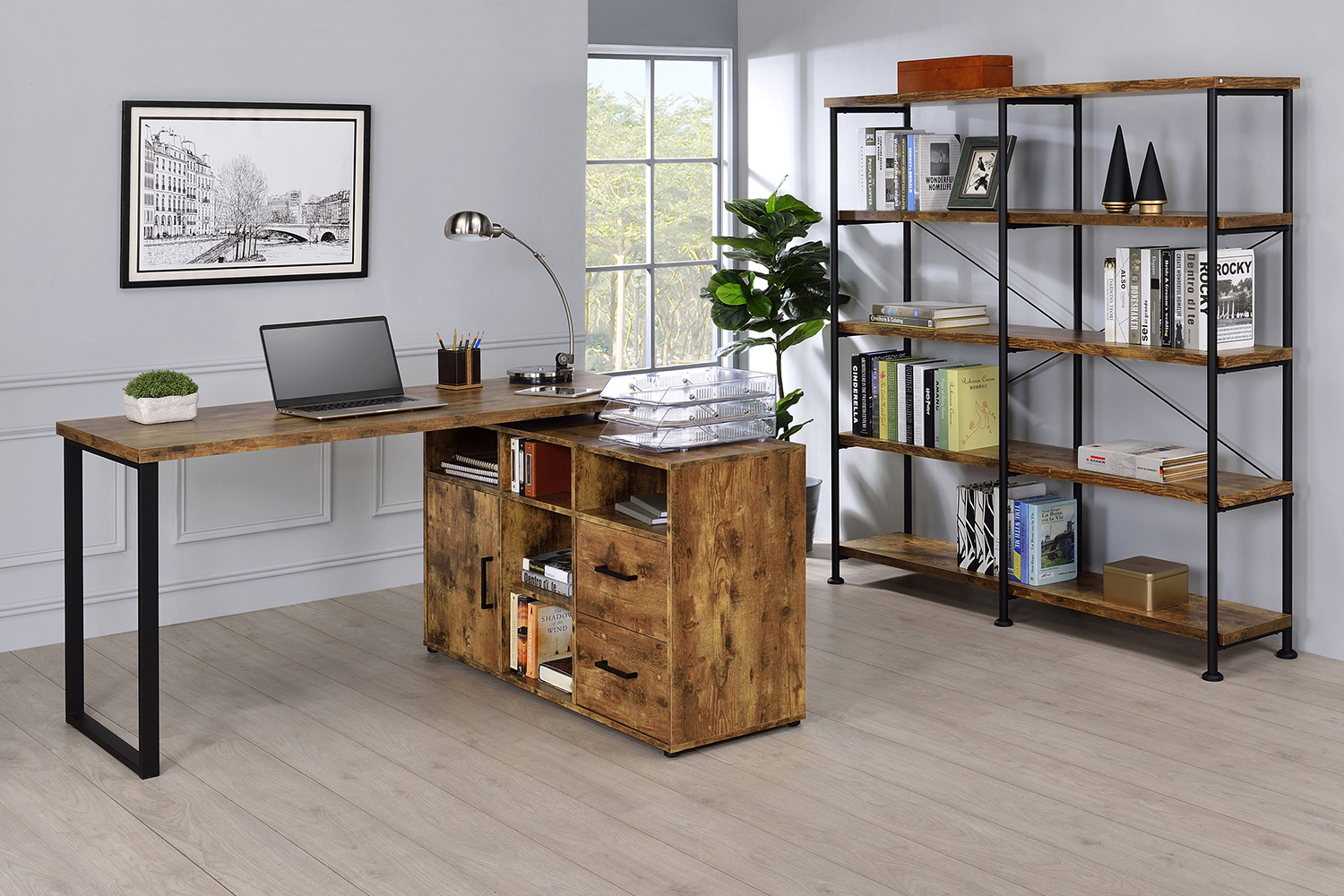 Coaster Hertford L-Shape Office Desk with Storage - Antique Nutmeg