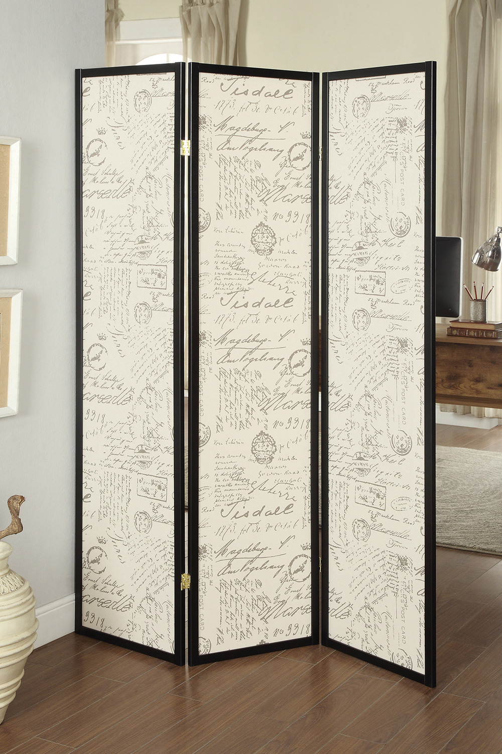 Coaster - 3-Panel French Script Print Folding Screen in Espresso