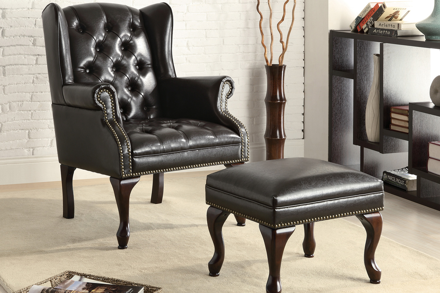 Coaster - Button Tufted Back Accent Chair With Ottoman in Black/Espresso