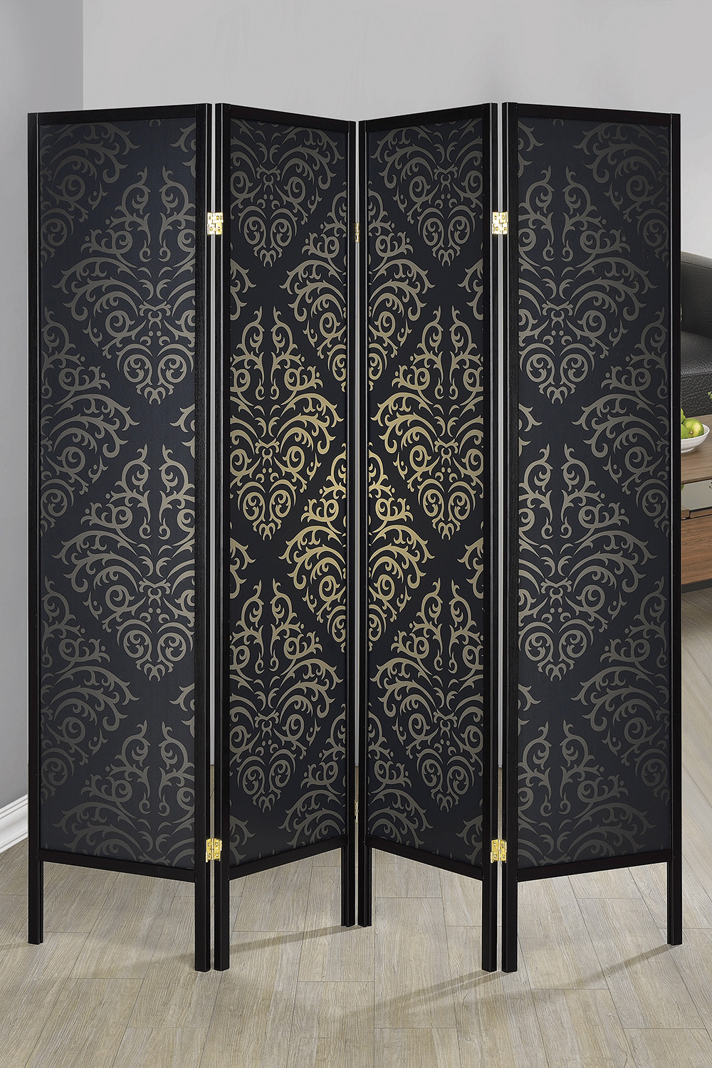 Coaster - 4-Panel Damask Pattern Folding Screen in Black