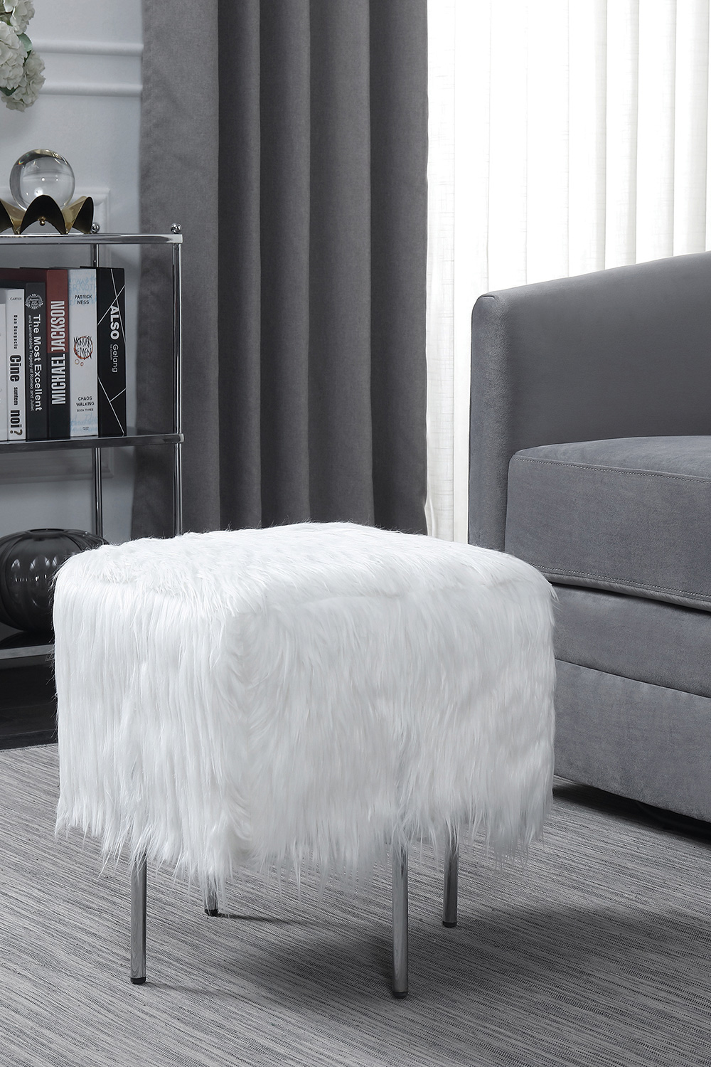Coaster - Faux Sheepskin Square Ottoman in White