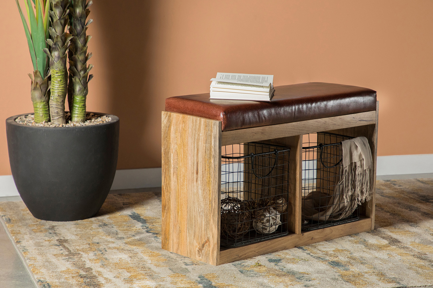 Coaster - 2-Basket Upholstered Accent Bench in Brown/Natural