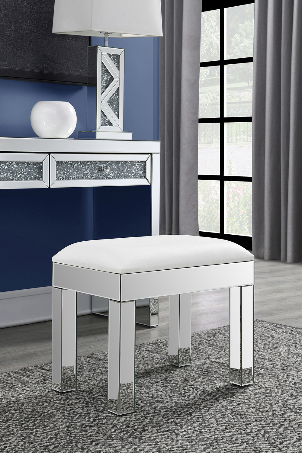 Coaster - Rectangular Upholstered Vanity Stool in White/Mirror