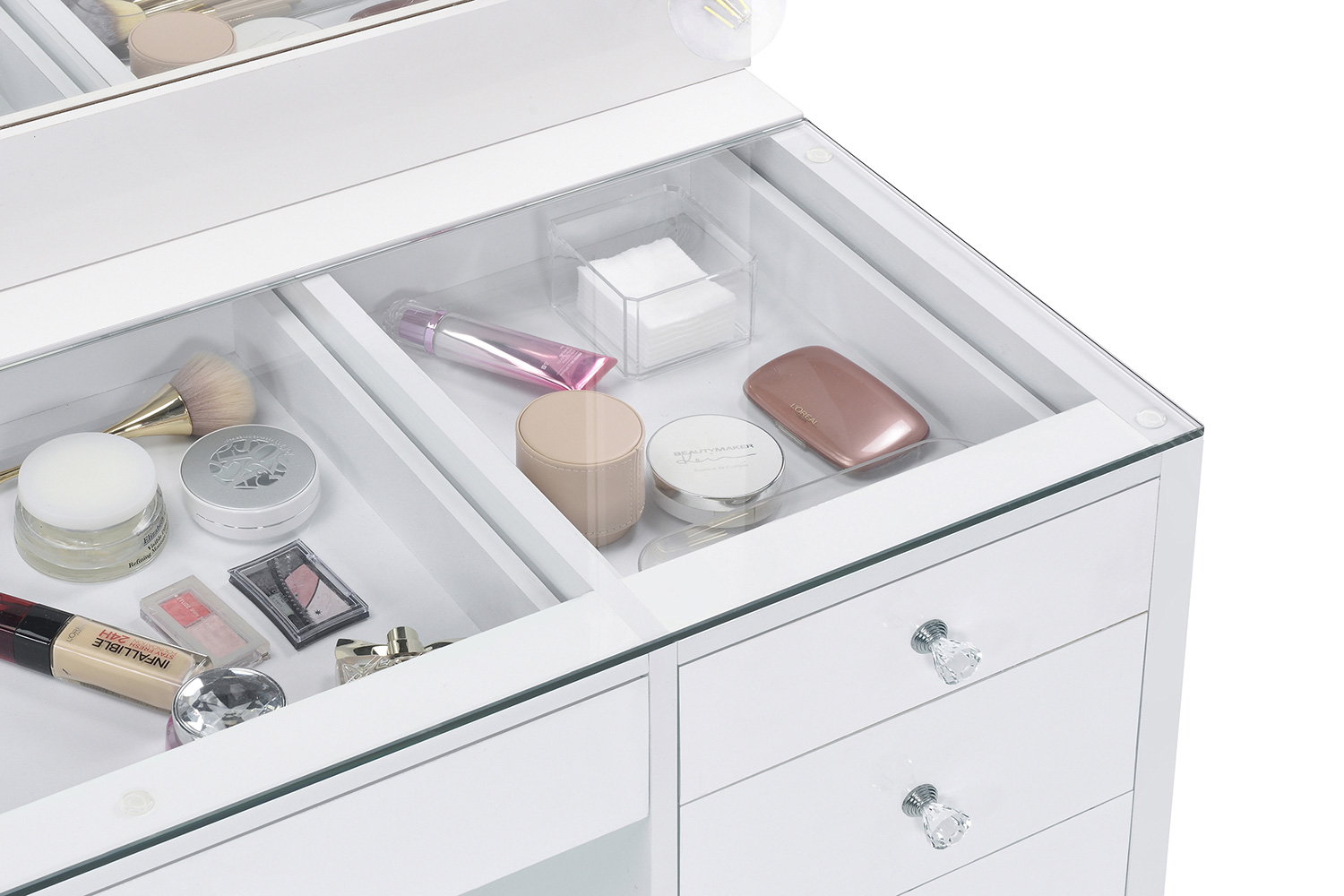 Coaster - 7-Drawer Glass Top Vanity Desk With Lighting in White