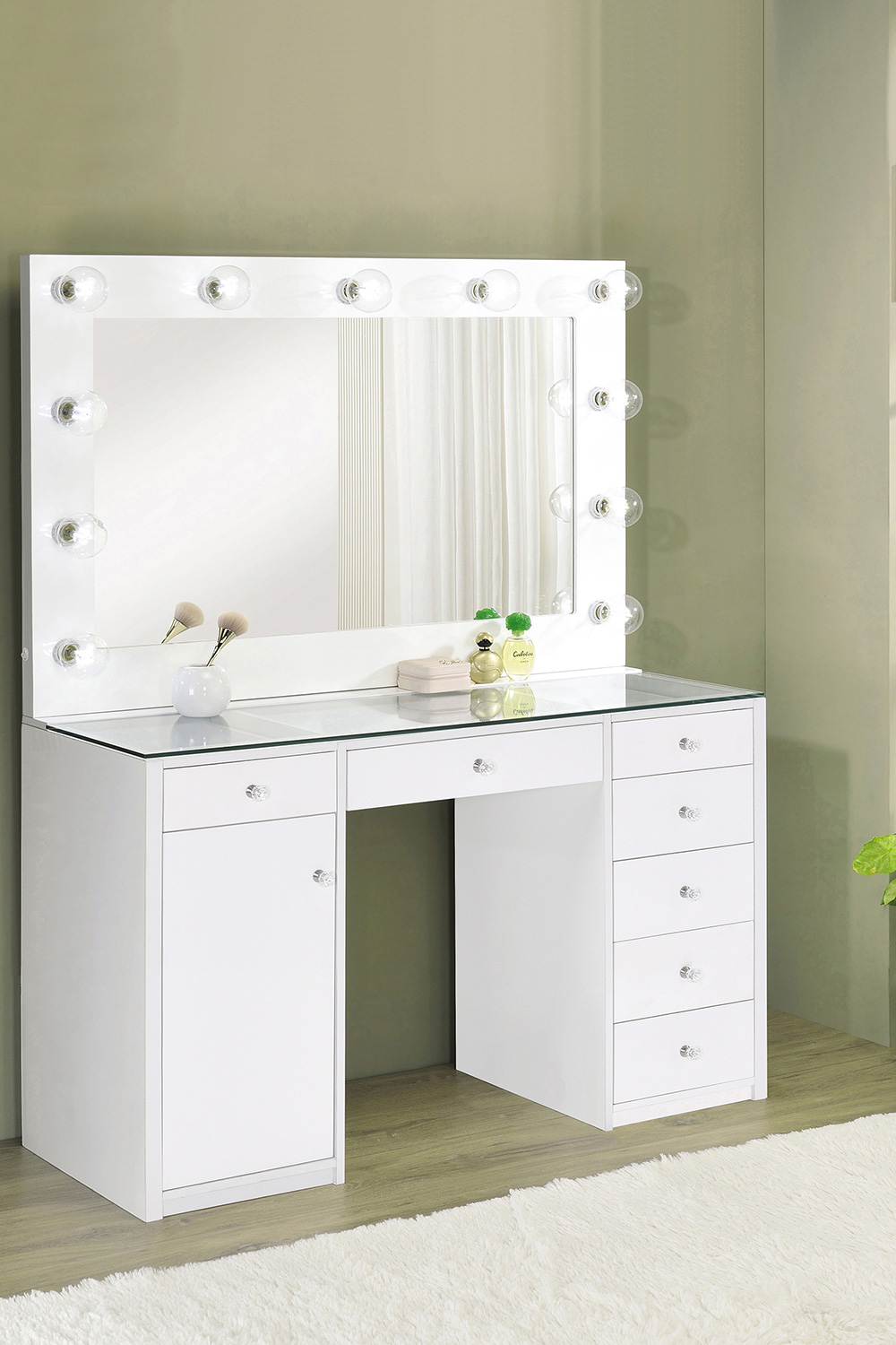 Coaster - 7-Drawer Glass Top Vanity Desk With Lighting in White