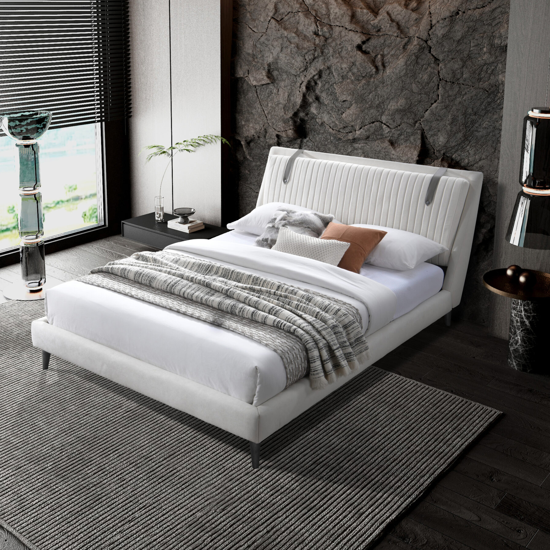 Contempo Camila Upholstered Queen Size Bed - Off White/Sand, Fabric/Polyurethane