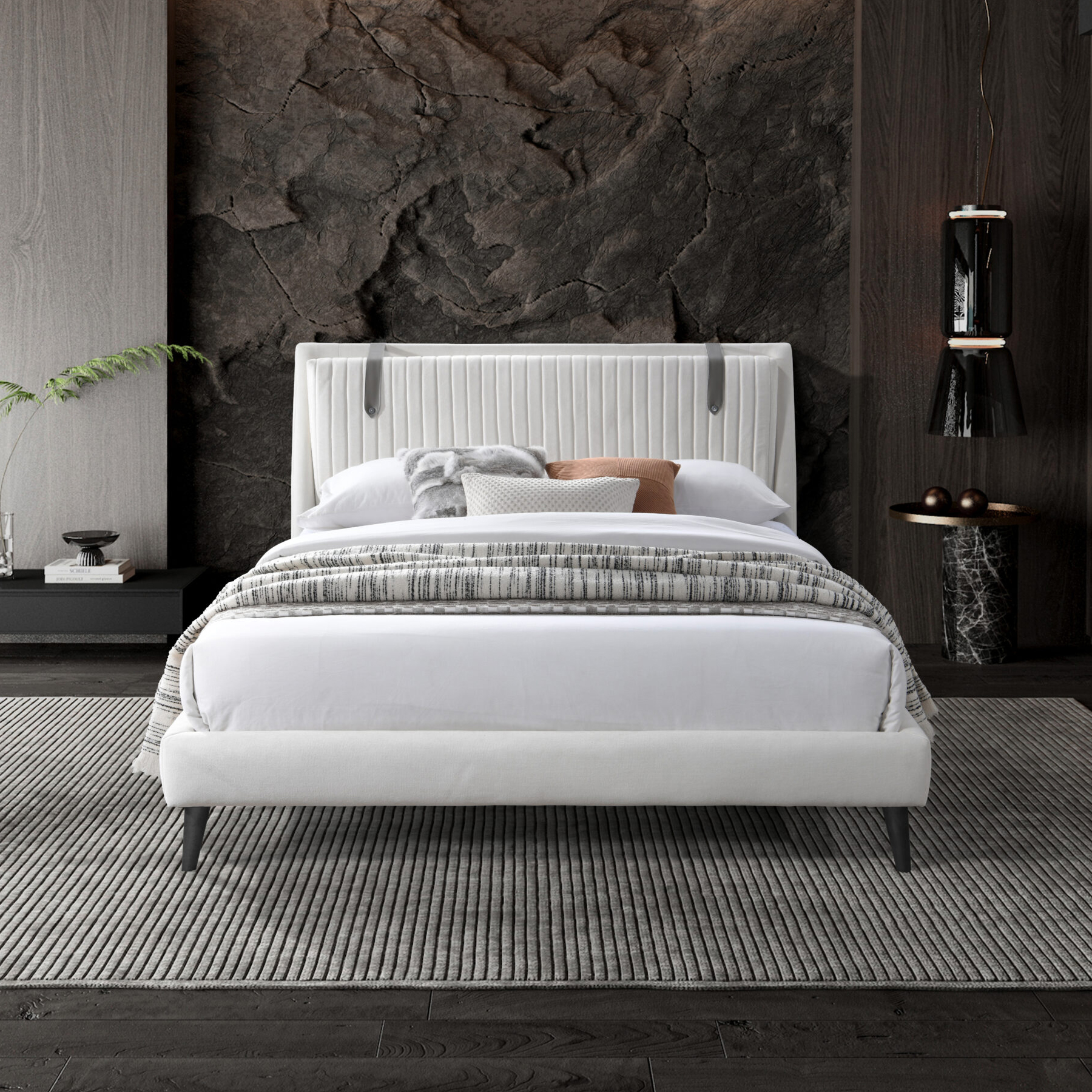 Contempo Camila Upholstered Queen Size Bed - Off White/Sand, Fabric/Polyurethane