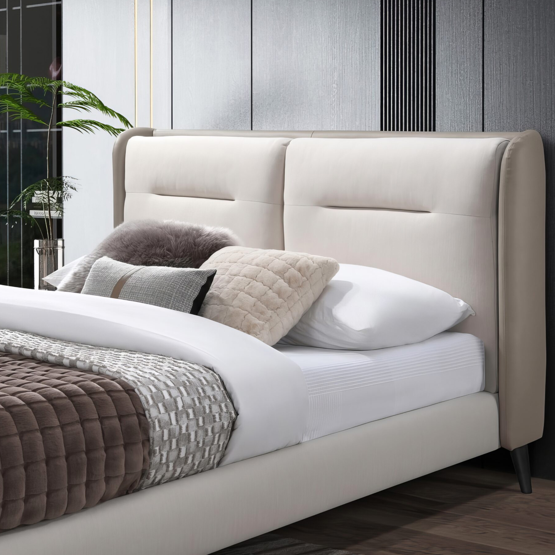 Contempo Serena Upholstered King Size Bed - Off White/Frost, Fabric/Polyurethane
