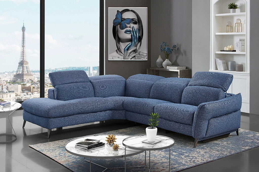 Creative Swan Left Facing Sectional with Two Recliners - Denim Blue, Fabric