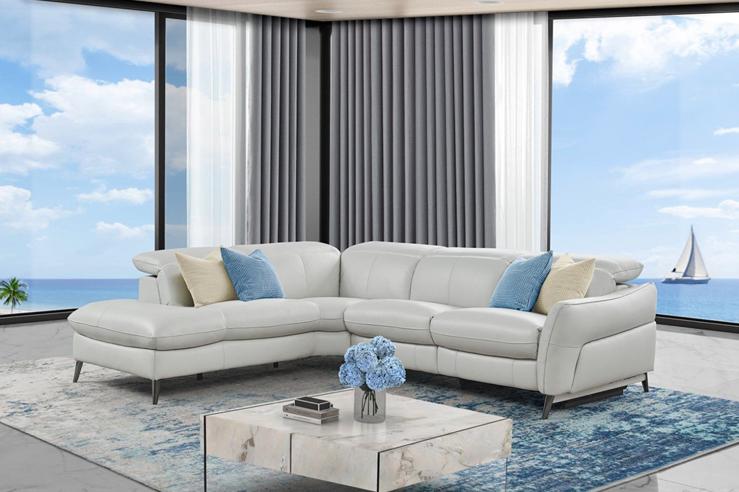 Creative Swan Left Facing Sectional with Two Recliners - Frost, Leather