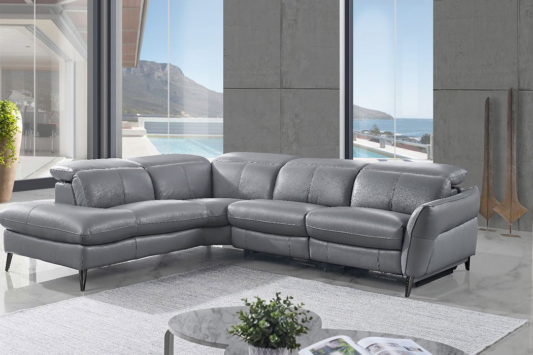 Creative Swan Left Facing Sectional with Two Recliners - Sleet, Leather